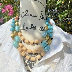 ☀️ NWT - HANDPICKED ~ Multi Strand Bead Turquoise Coral Gold Cream Tone Necklace